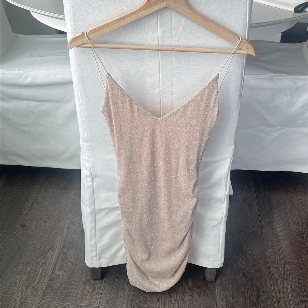 New Champagne Slip sparkly Midi Dress with Delicate Spaghetti Straps